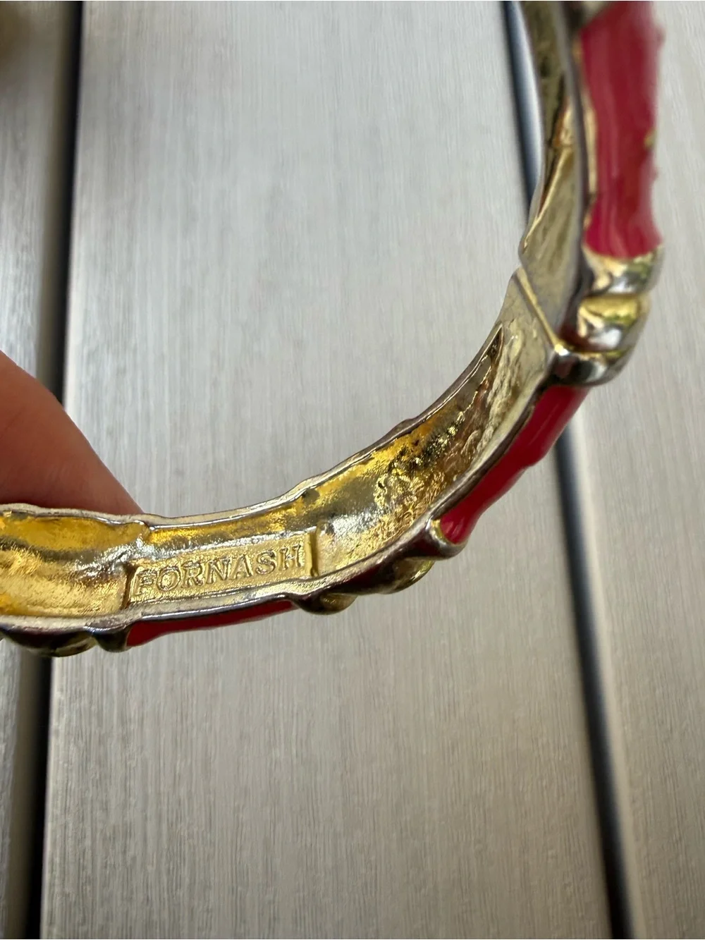 Fornash Pink Enamel Gold Tone Bamboo Hinged Bangle Bracelet